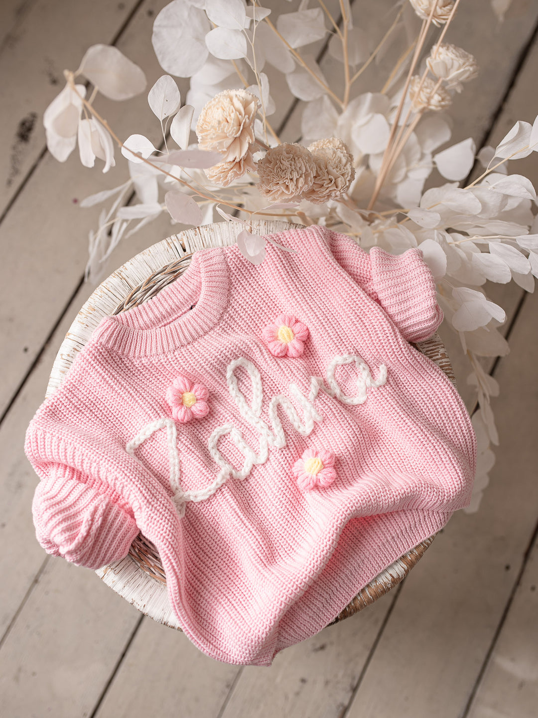 Written in Thread Sweater with Flowers - Baby Pink