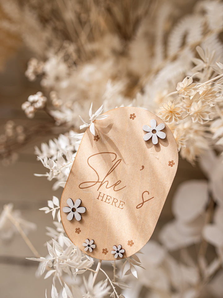 She's Here Flower Wooden Birth Announcement Plaque