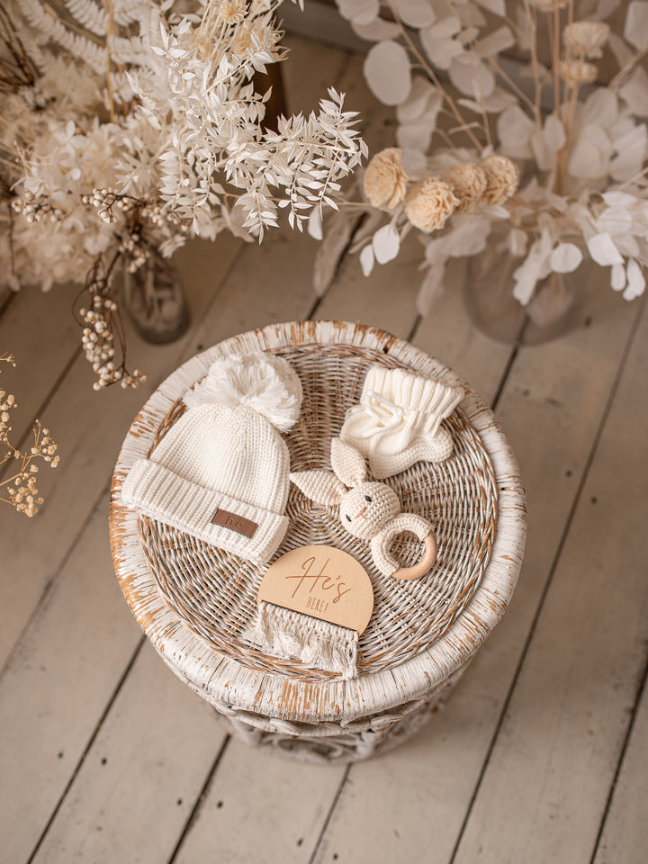 She's / He's Here Wooden Birth Announcement Plaque