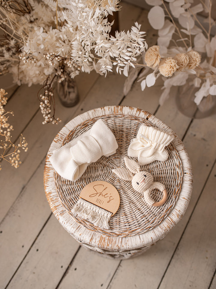 She's / He's Here Wooden Birth Announcement Plaque