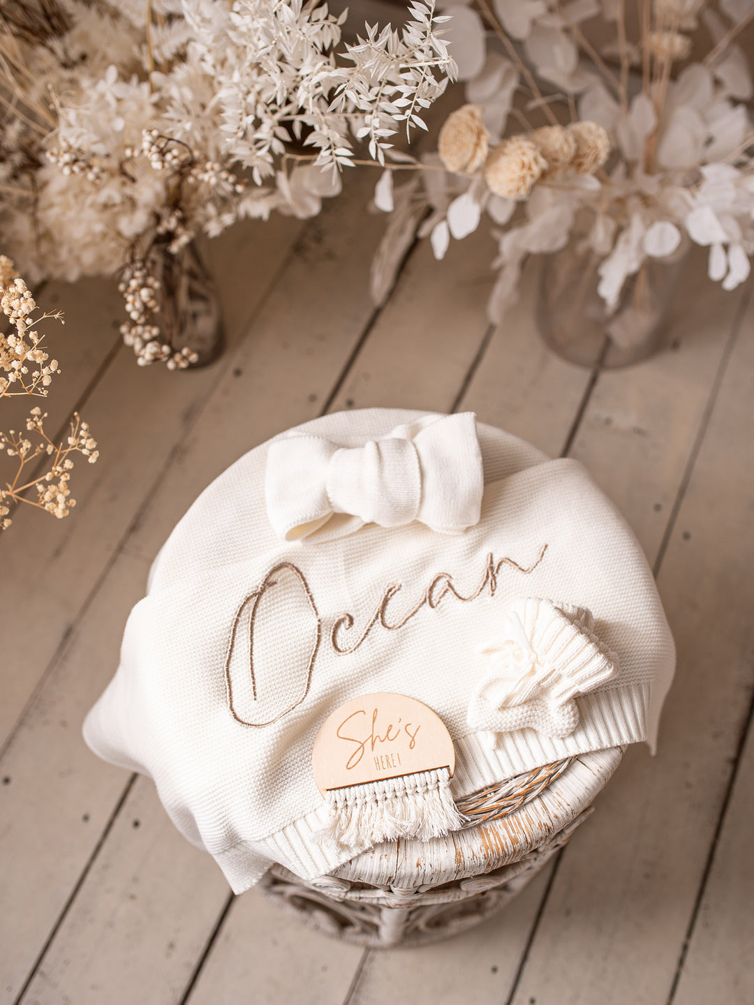 She's / He's Here Wooden Birth Announcement Plaque