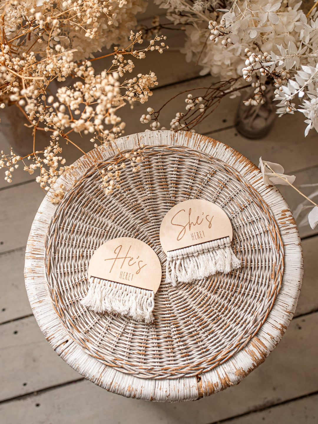 She's / He's Here Wooden Birth Announcement Plaque