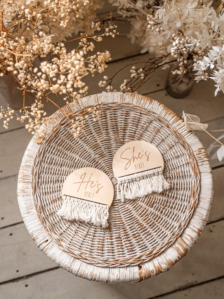 She's / He's Here Wooden Birth Announcement Plaque