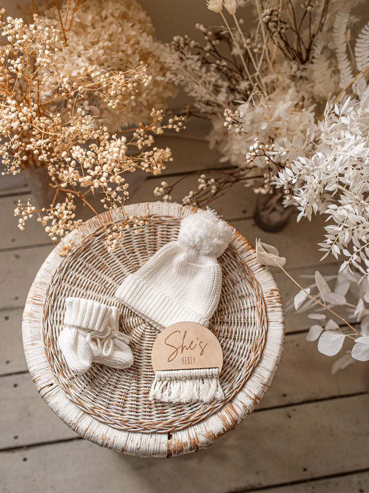 She's / He's Here Wooden Birth Announcement Plaque