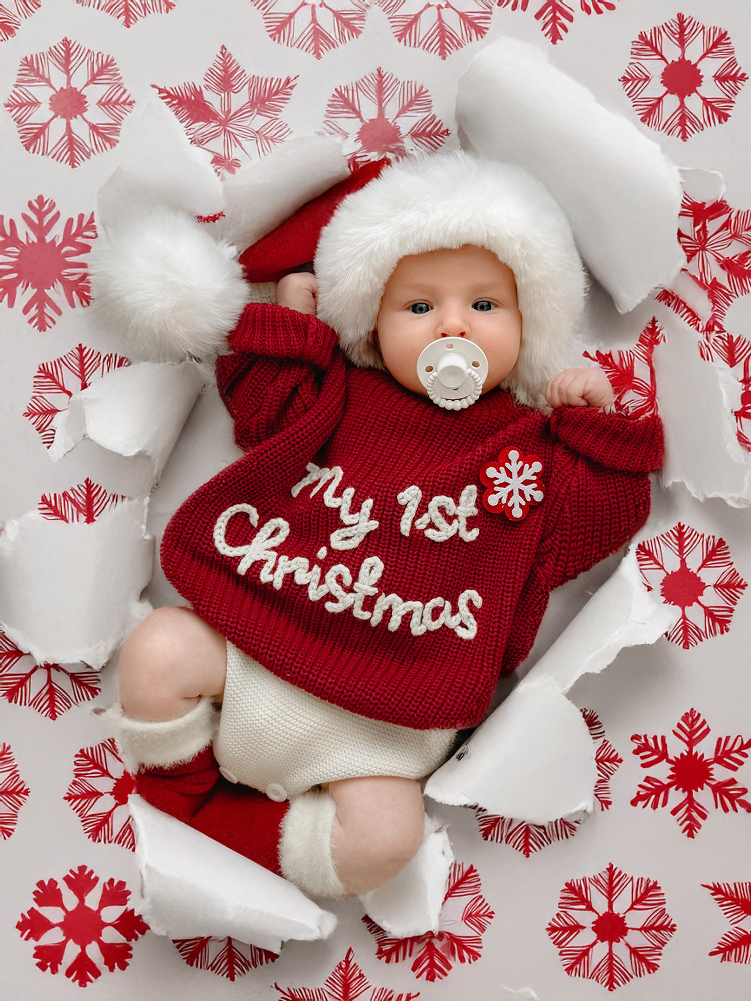Handmade Baby Christmas Knit Sweater, Cotton Infant Jumper - Red