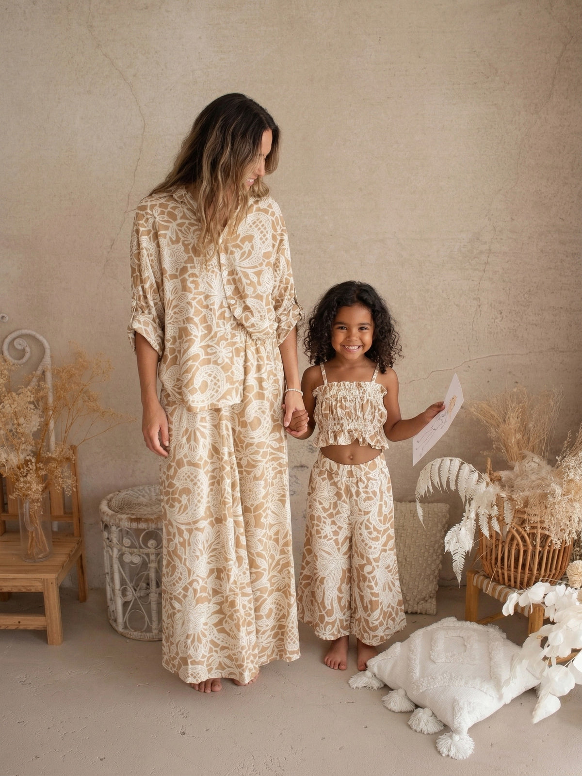 Tan floral batik Desert Bloom womens two-piece set with convertible-sleeve shirt and wide-leg pants