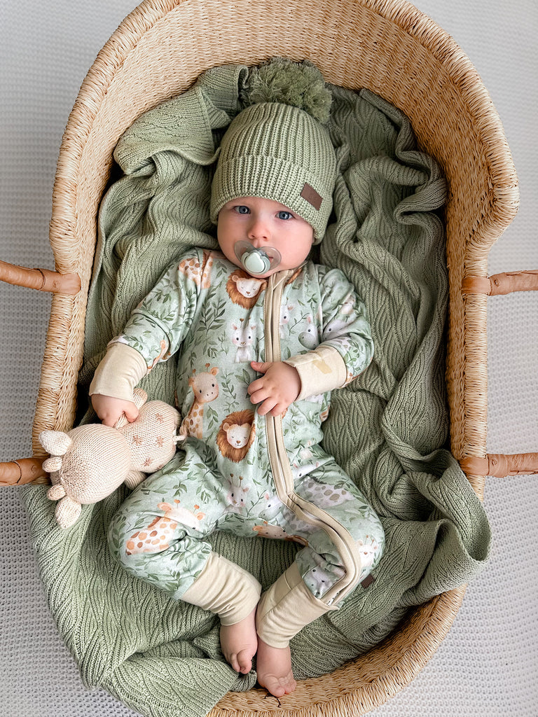 Baby Boy Onesie - One piece PJs - Safari Animal Zip Romper - Green Baby Boy Onesie - One piece PJs - Safari Animal Zip Romper - Green