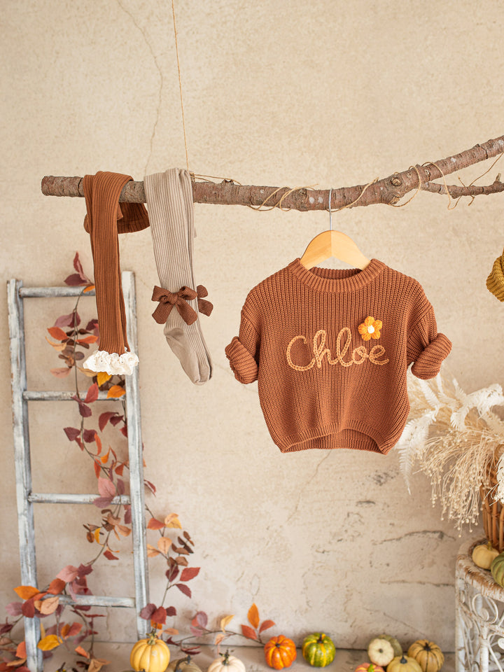 Written in Thread Sweater with Flower - Rust