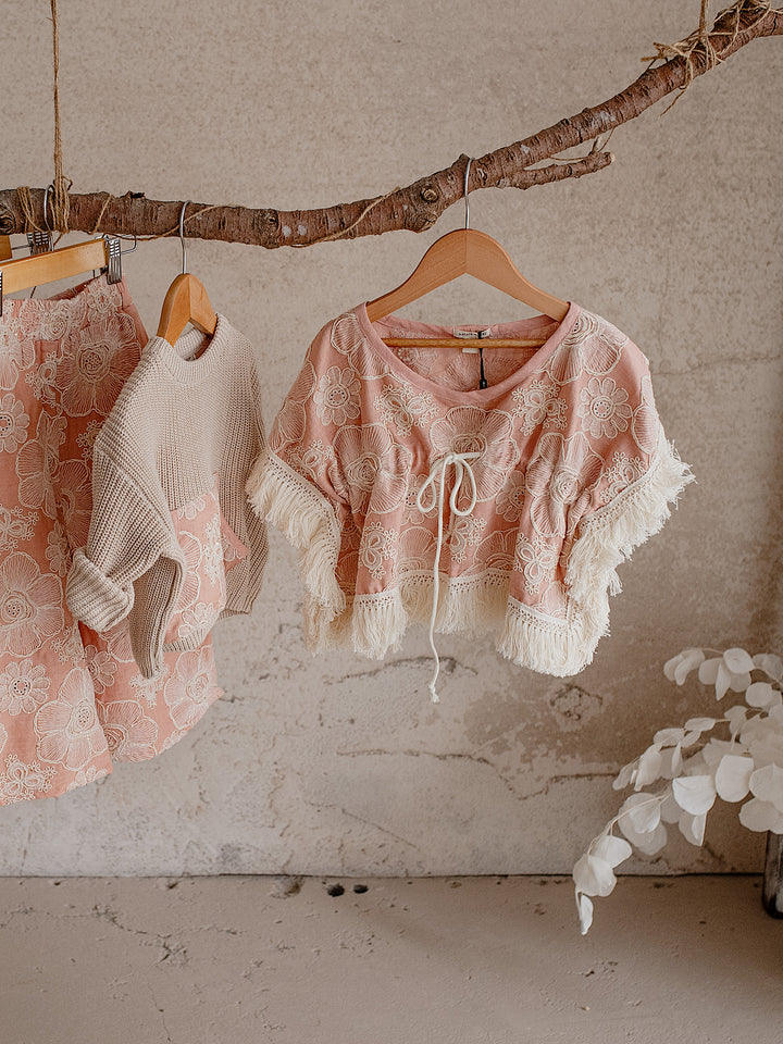 Lace Story Fringe Top - Blush