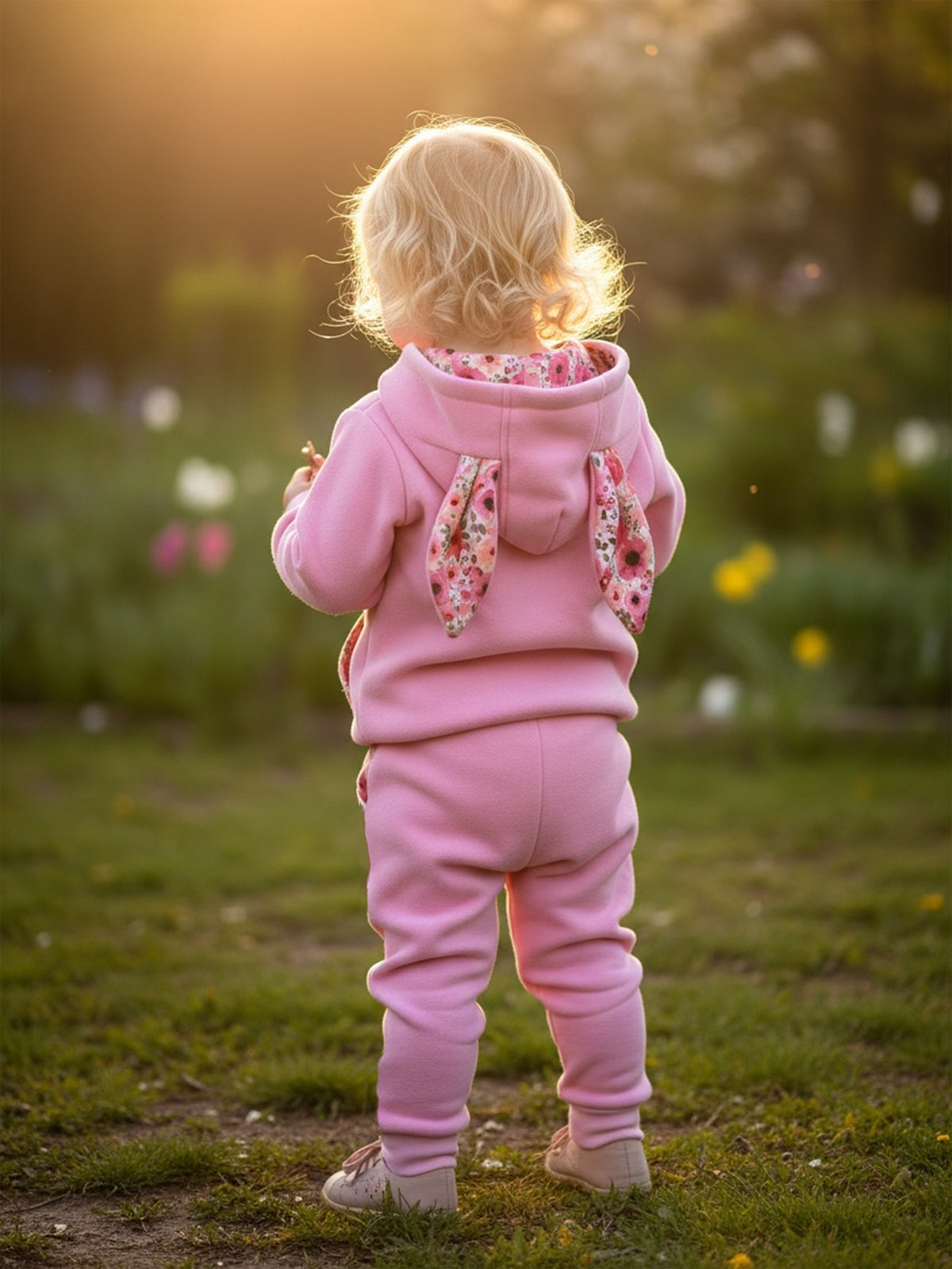 Bubblegum pink Little Hopper bunny hoodie, cotton with oversized bunny ears, brushed interior, floral-lined hood and long sleeves.