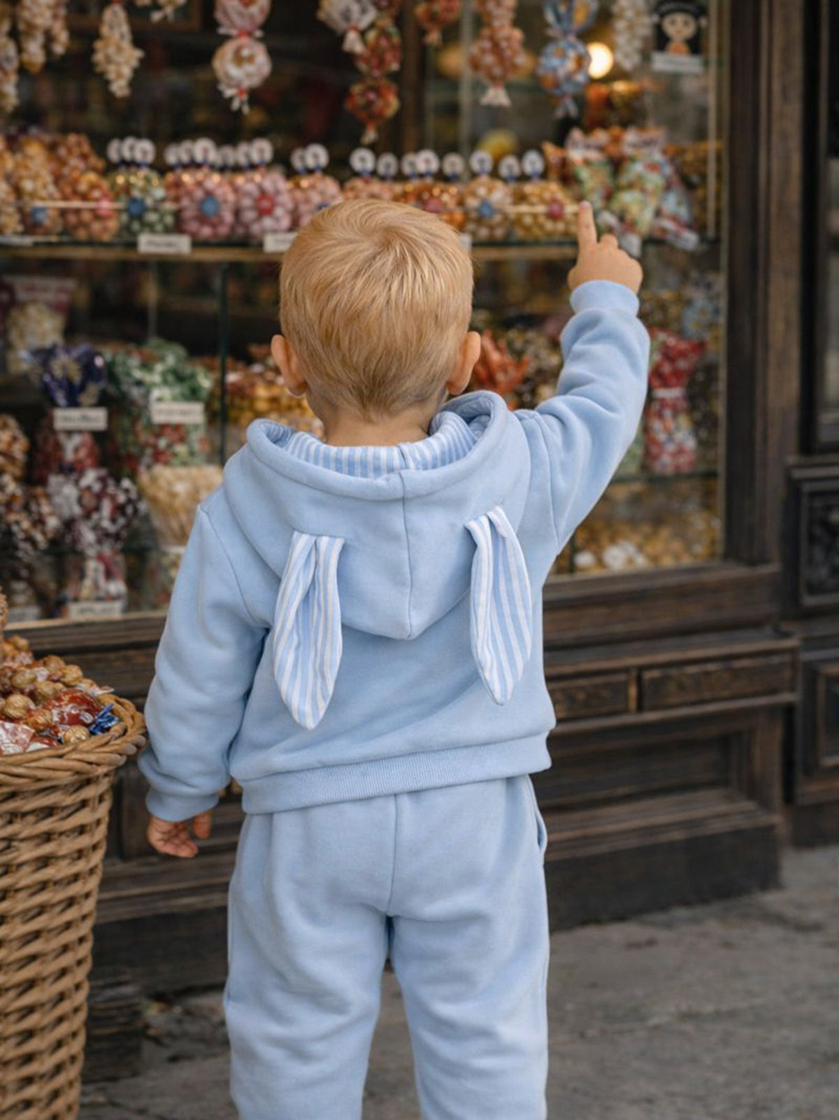 Blue Little Hopper bunny hoodie, cotton with oversized bunny ears, brushed interior, stripy-lined hood and long sleeves.