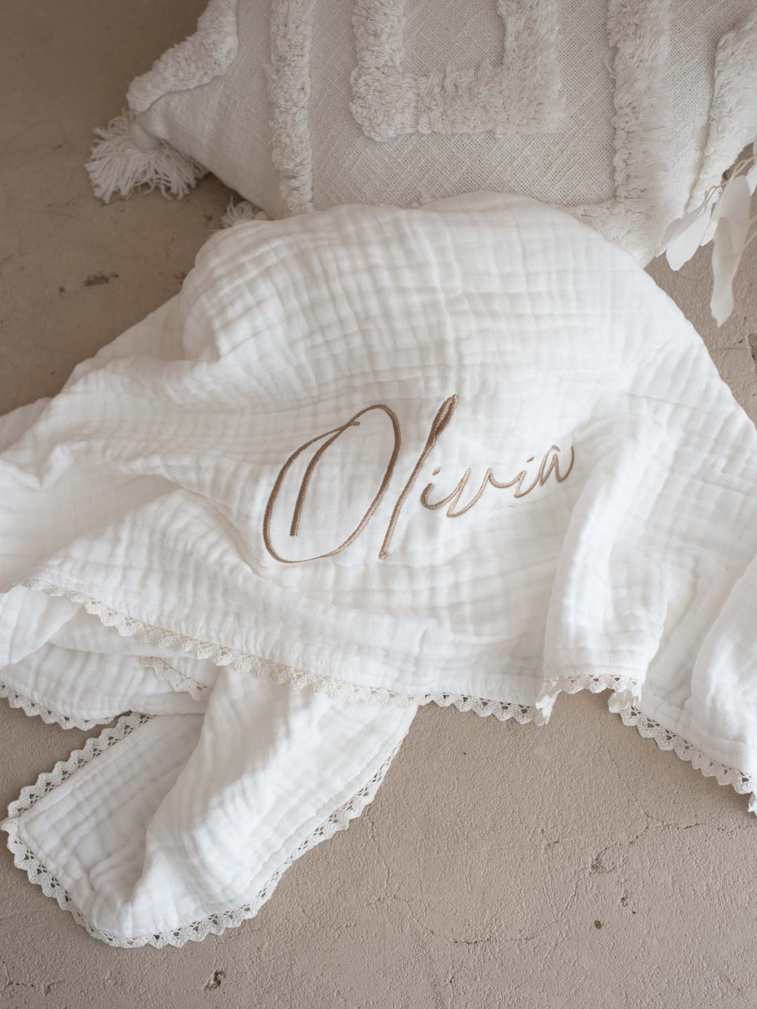 Lullaby Lace - Personalised Muslin Gauze Blanket - White