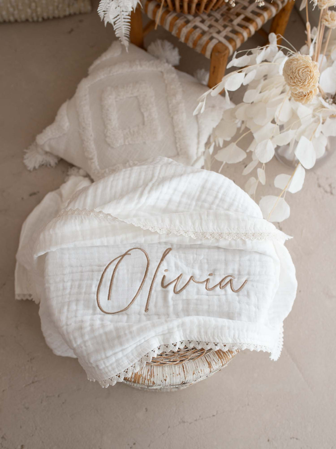 Lullaby Lace - Personalised Muslin Gauze Blanket - White