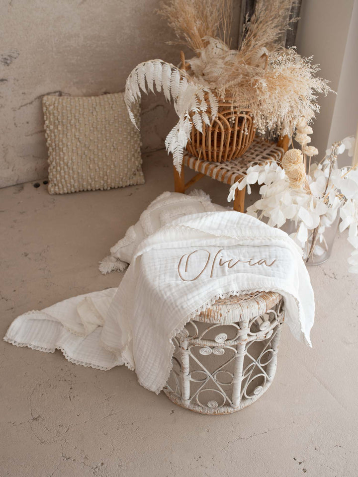 Lullaby Lace - Personalised Muslin Gauze Blanket - White