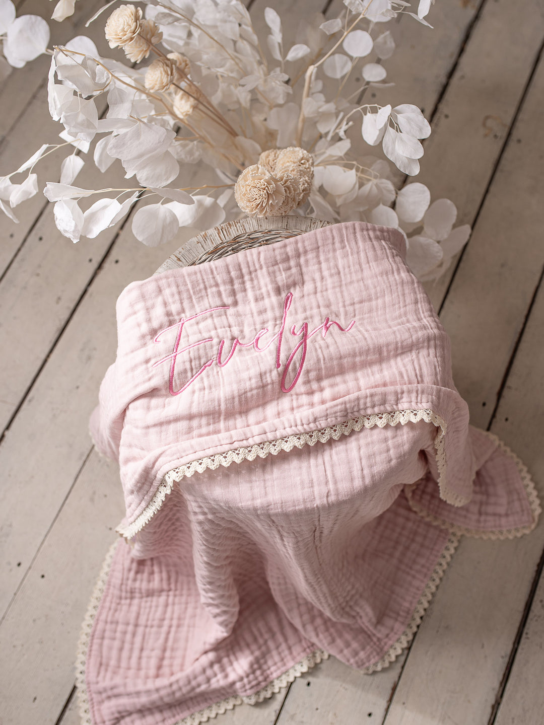 Lullaby Lace - Personalised Muslin Gauze Blanket - Ballet Pink