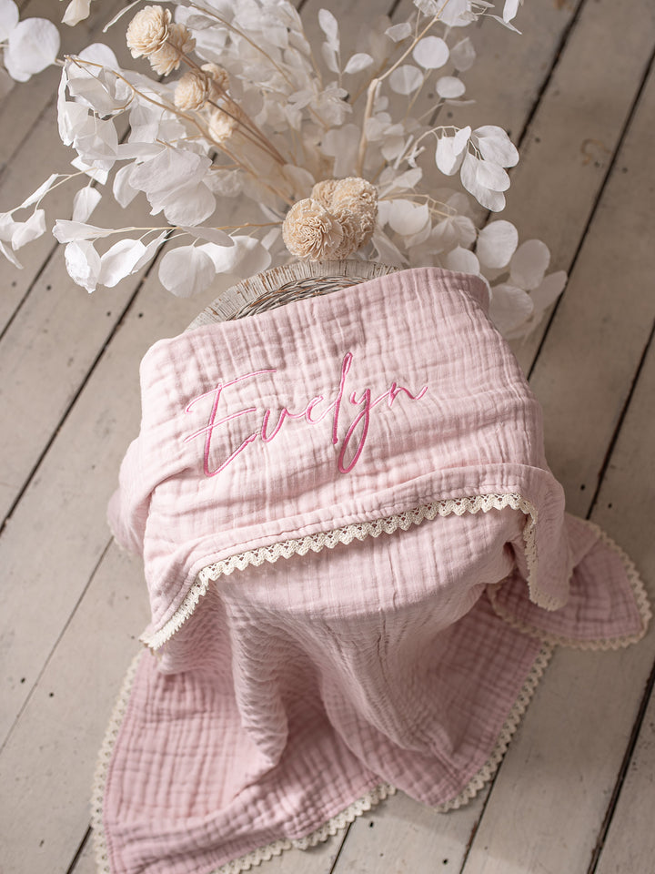 Lullaby Lace - Personalised Muslin Gauze Blanket - Ballet Pink