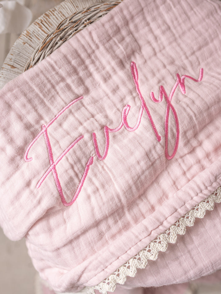 Lullaby Lace - Personalised Muslin Gauze Blanket - Ballet Pink