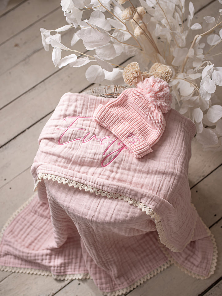 Lullaby Lace - Personalised Muslin Gauze Blanket - Ballet Pink