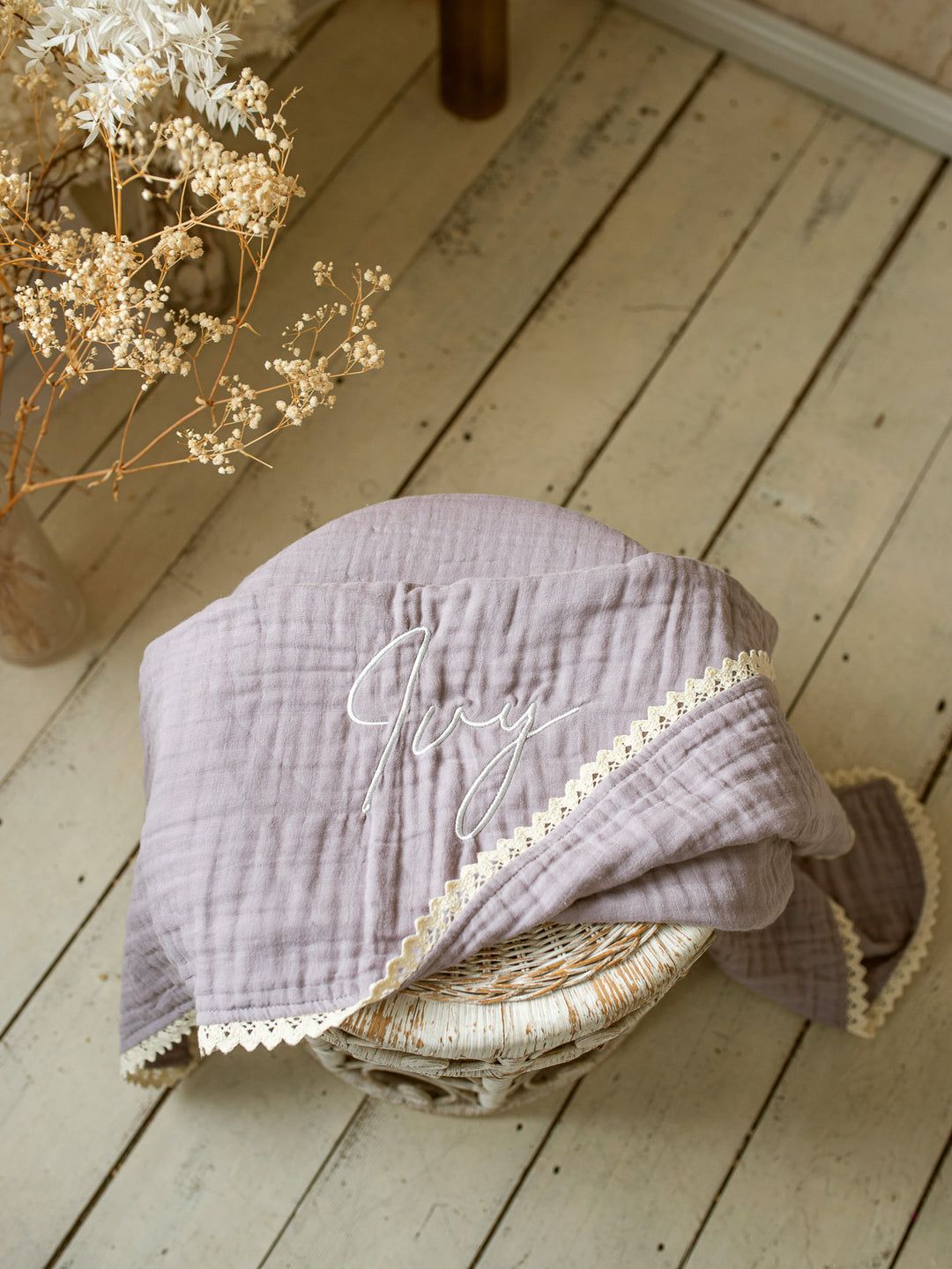 Lullaby Lace - Personalised Muslin Gauze Blanket - Purple Haze