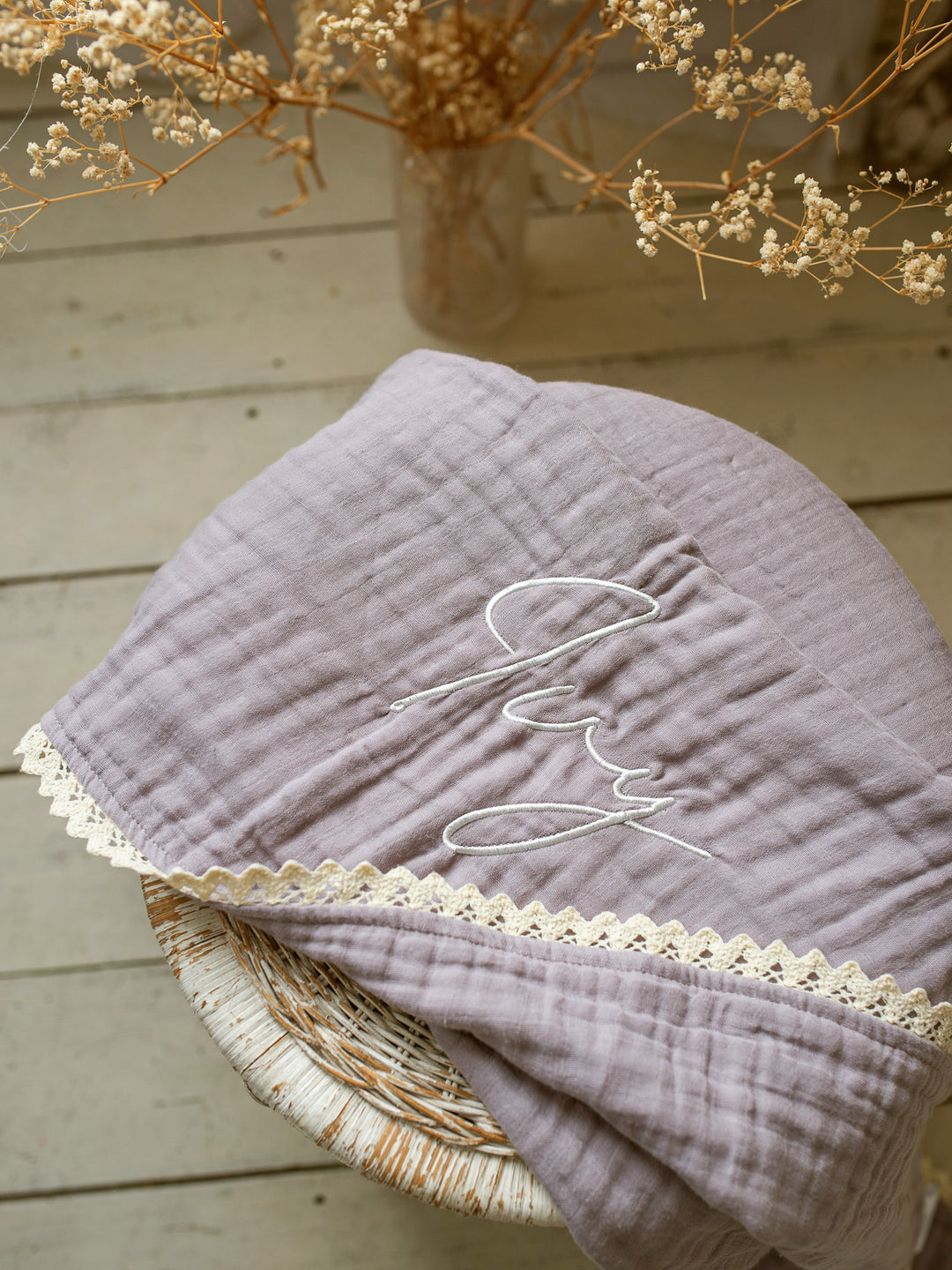 Lullaby Lace - Personalised Muslin Gauze Blanket - Purple Haze