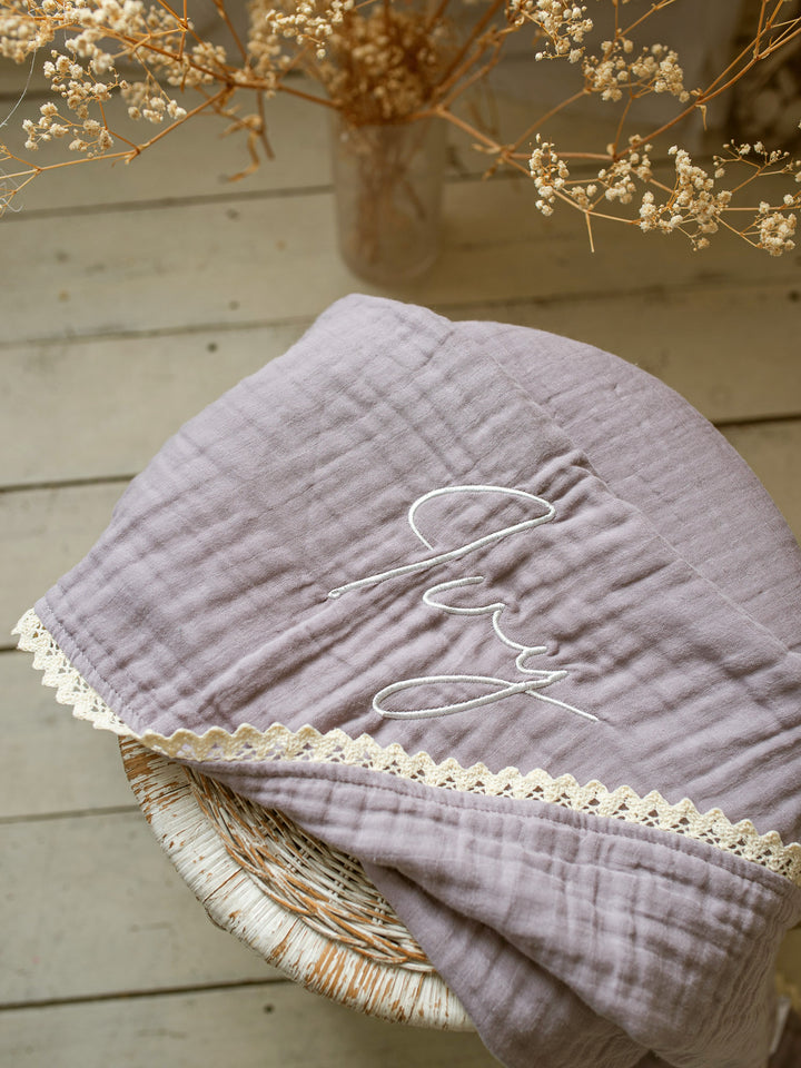 Lullaby Lace - Personalised Muslin Gauze Blanket - Purple Haze