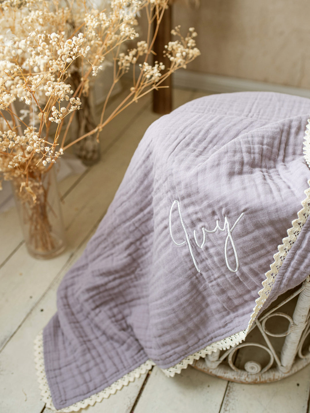 Lullaby Lace - Personalised Muslin Gauze Blanket - Purple Haze