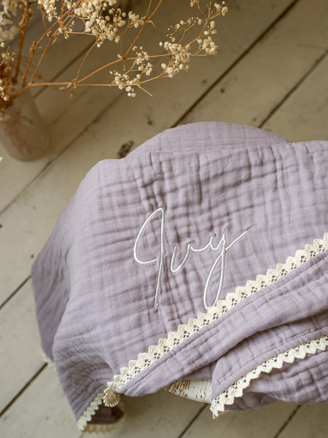 Lullaby Lace - Personalised Muslin Gauze Blanket - Purple Haze