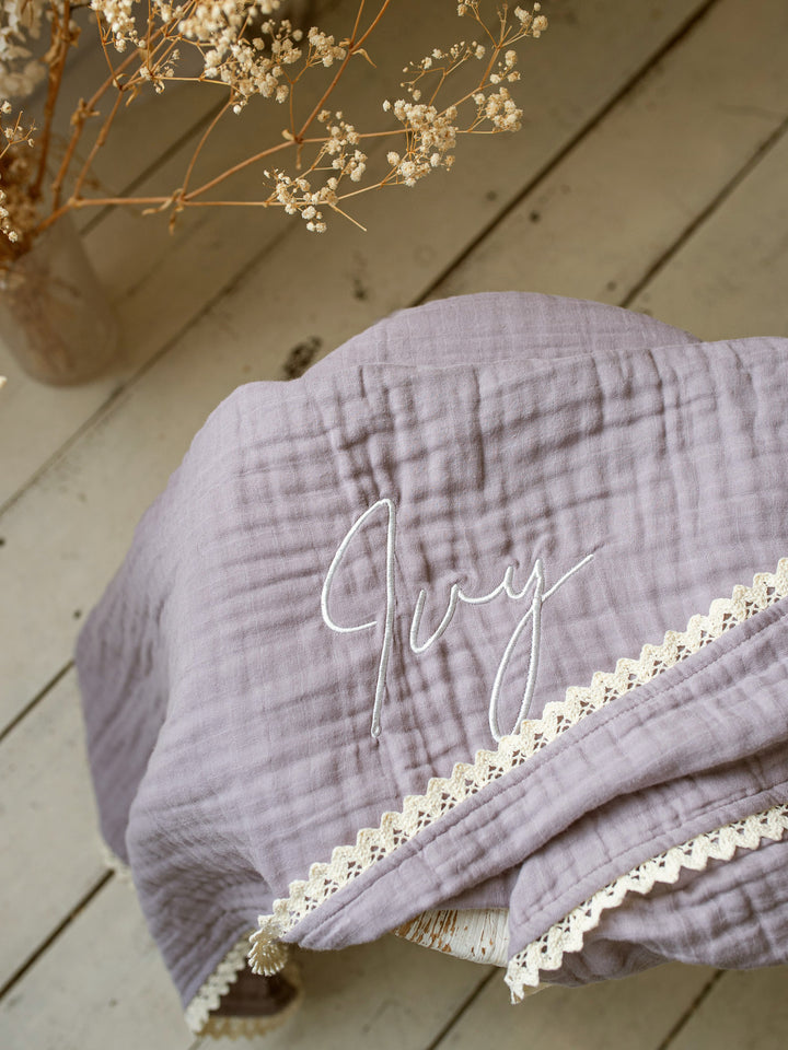 Lullaby Lace - Personalised Muslin Gauze Blanket - Purple Haze