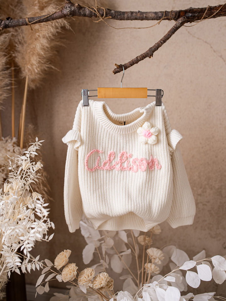 Written in Thread Frill Sweater with Flower - Milk