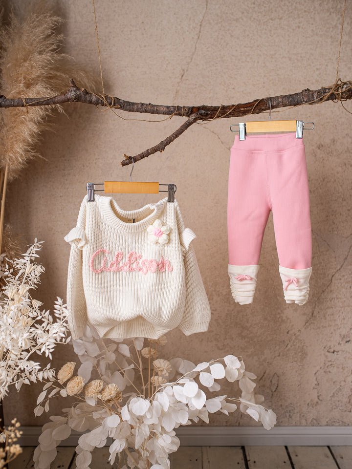 Written in Thread Frill Sweater with Flower - Milk