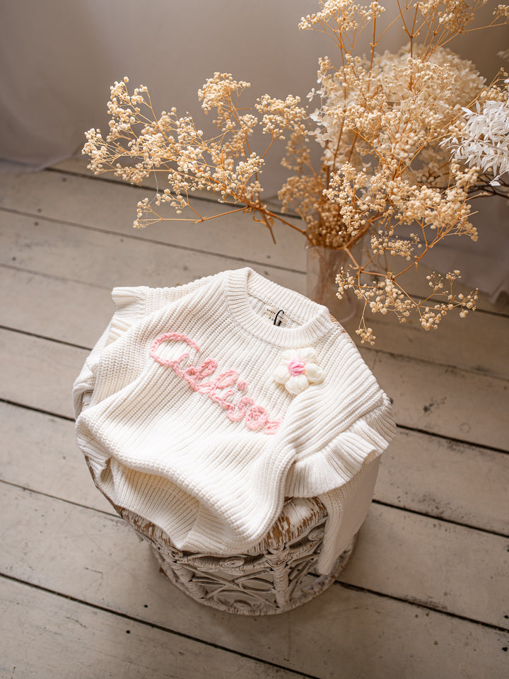 Written in Thread Frill Sweater with Flower - Milk