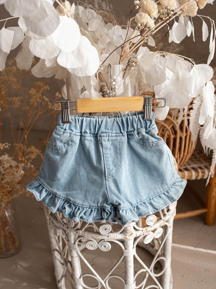 Lennox Ruffle Denim Shorts – Vintage Blue