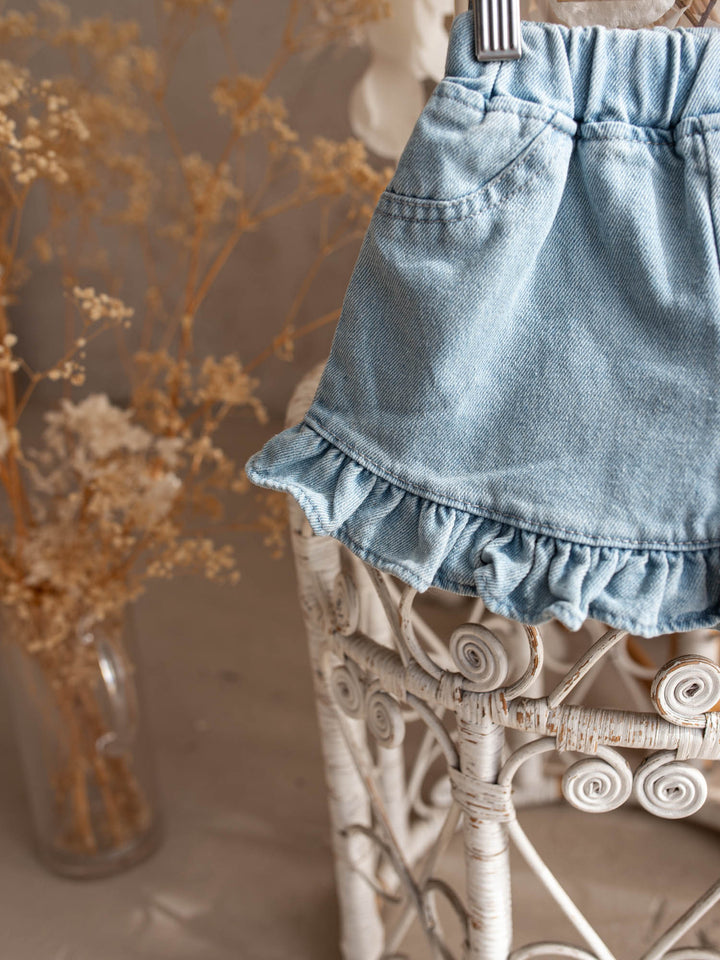 Lennox Ruffle Denim Shorts – Vintage Blue