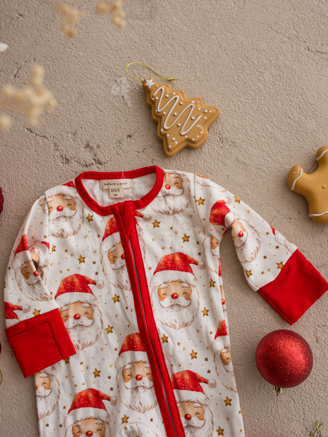 All I Wish Dear Santa baby onesie, watercolour Santa faces and gold stars on cream - Before & Ever Kids