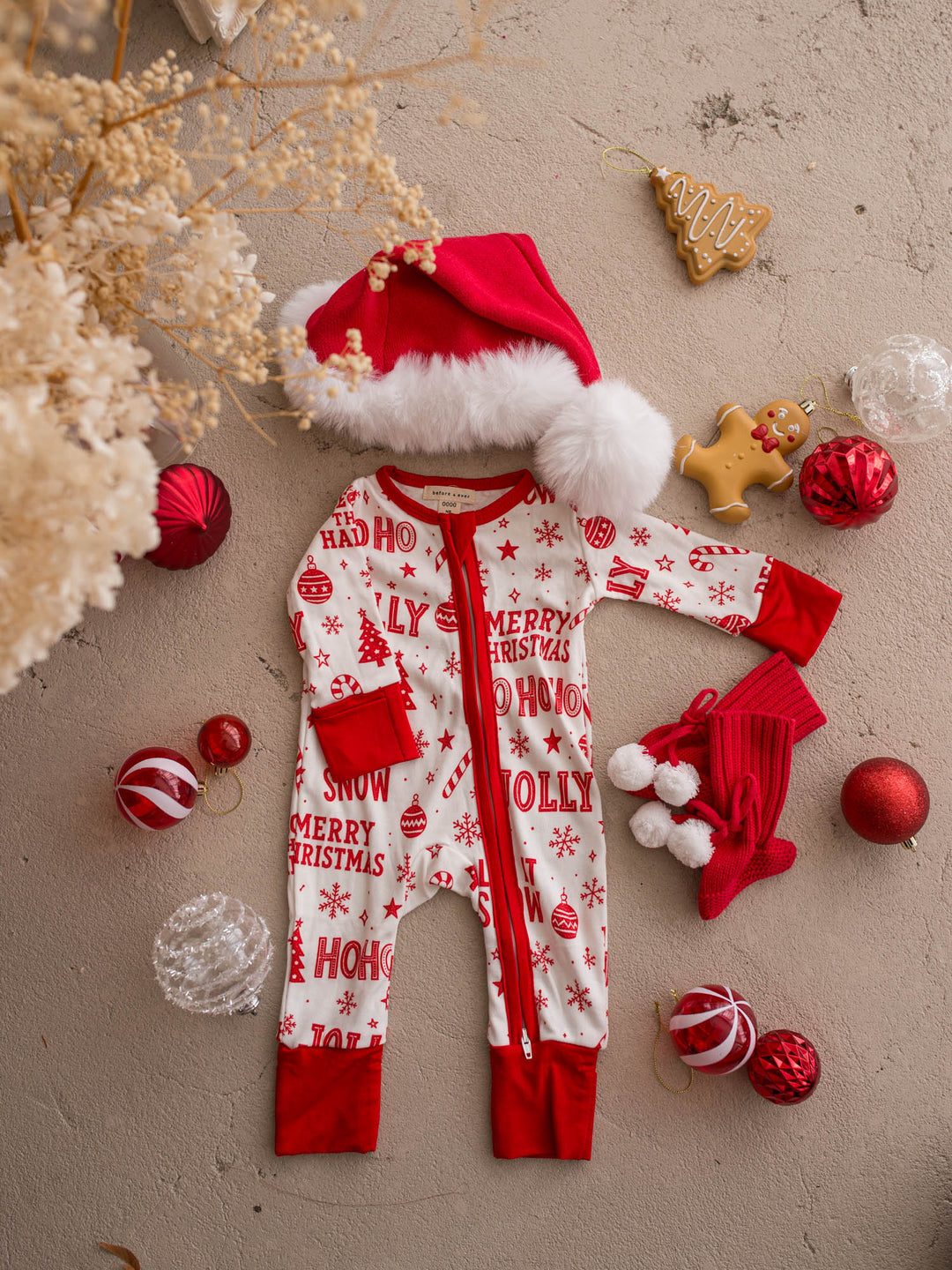 All I Wish Jolly baby onesie, red Christmas wording on cream with red cuffs - Before & Ever Kids