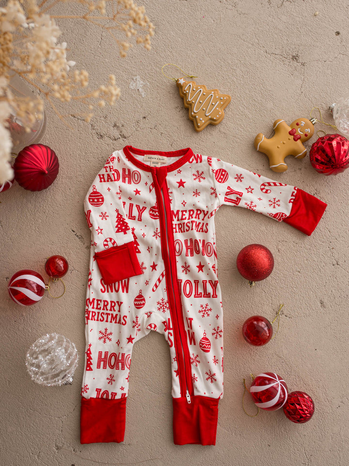 All I Wish Jolly baby onesie, red Christmas wording on cream with red cuffs - Before & Ever Kids