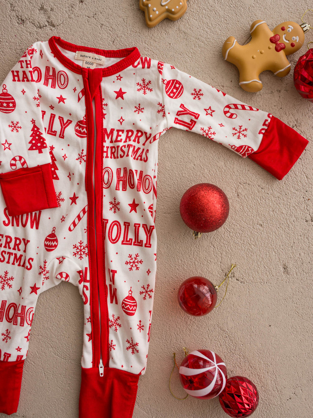 All I Wish Jolly baby onesie, red Christmas wording on cream with red cuffs - Before & Ever Kids