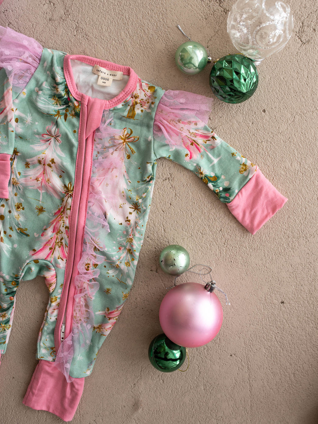 All I Wish Mint Pine baby onesie, pink and gold Christmas trees on mint with pink cuffs - Before & Ever Kids