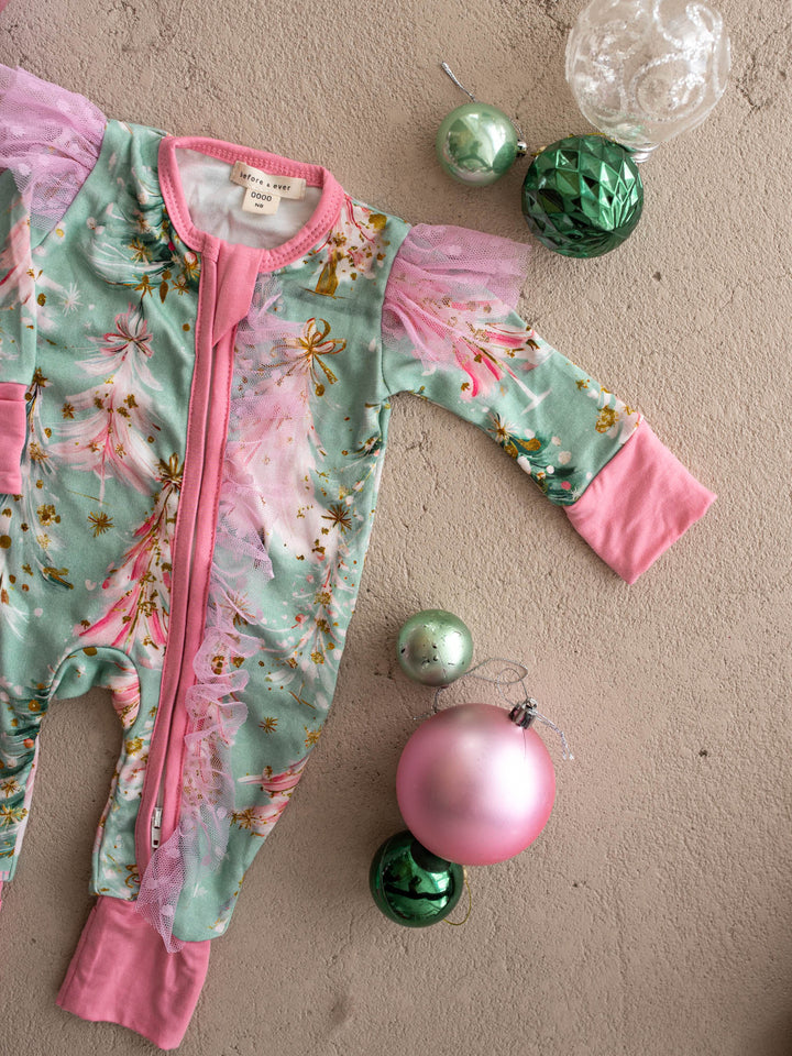 All I Wish Mint Pine baby onesie, pink and gold Christmas trees on mint with pink cuffs - Before & Ever Kids