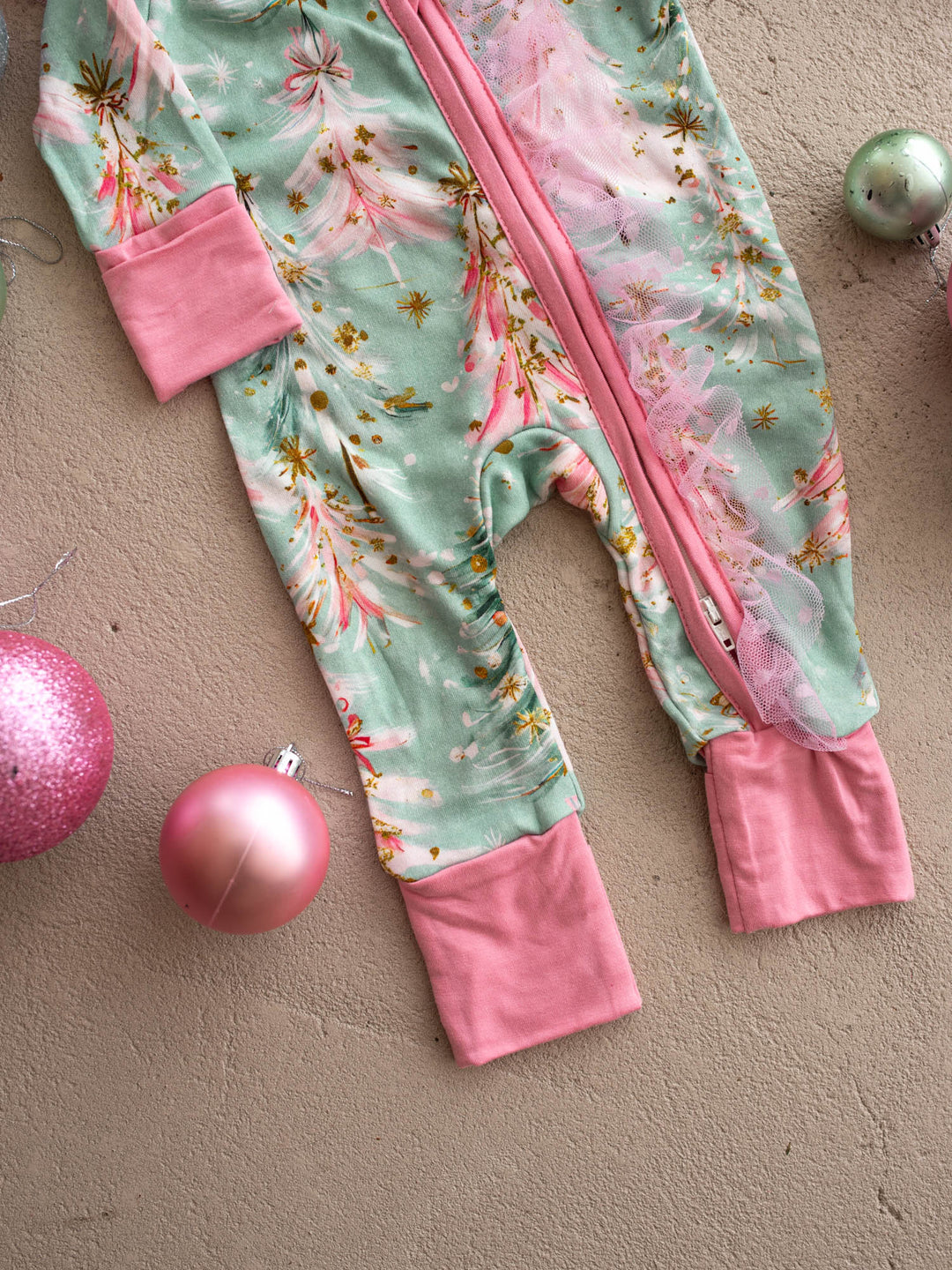 All I Wish Mint Pine baby onesie, pink and gold Christmas trees on mint with pink cuffs - Before & Ever Kids