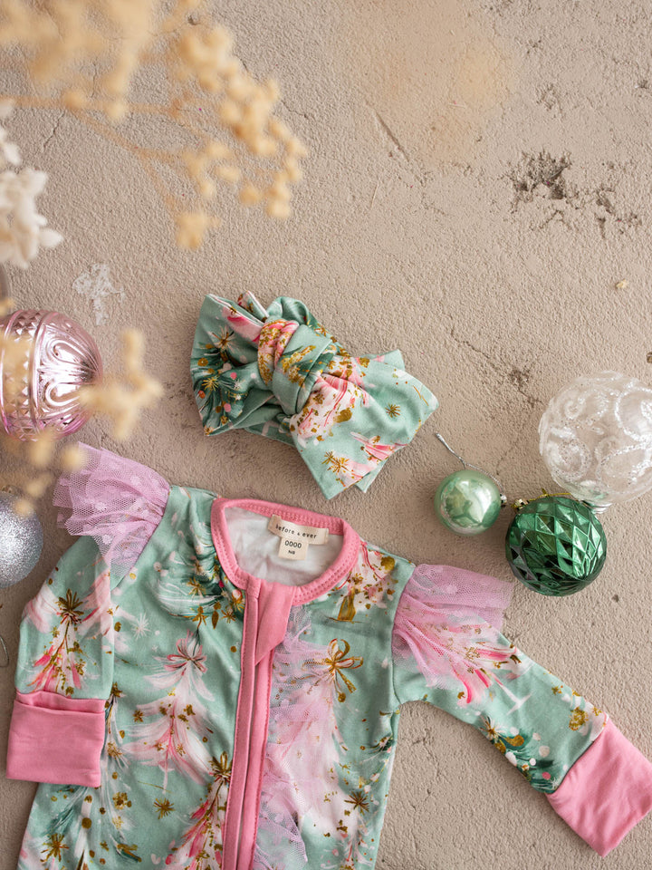 All I Wish Mint Pine baby onesie, pink and gold Christmas trees on mint with pink cuffs - Before & Ever Kids