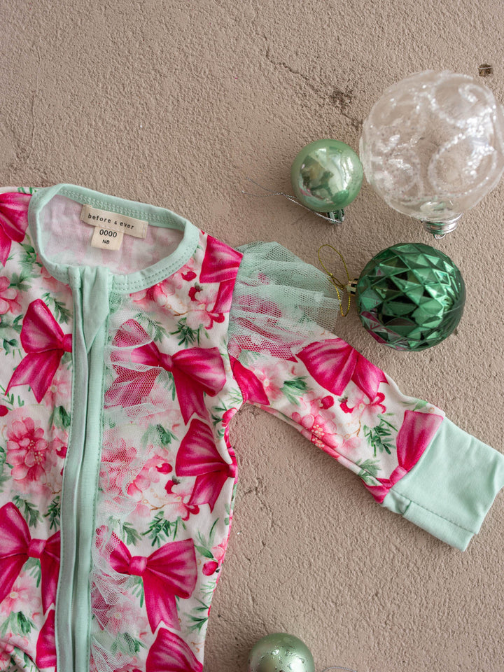 All I Wish Pink Bow baby onesie, magenta bows and pink florals with mint cuffs and tulle flutter sleeves - Before & Ever Kids