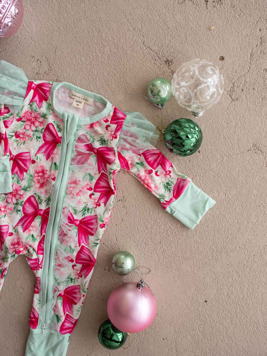 All I Wish Pink Bow baby onesie, magenta bows and pink florals with mint cuffs and tulle flutter sleeves - Before & Ever Kids