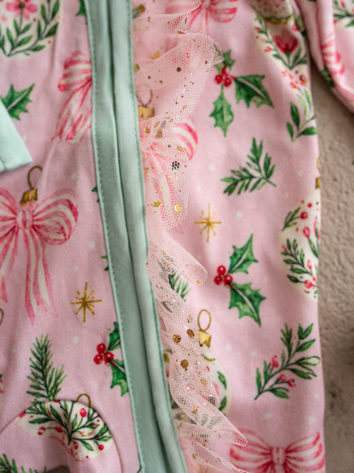 All I Wish Pink Holly baby onesie, holly, gold baubles and bows on pink with mint cuffs - Before & Ever Kids