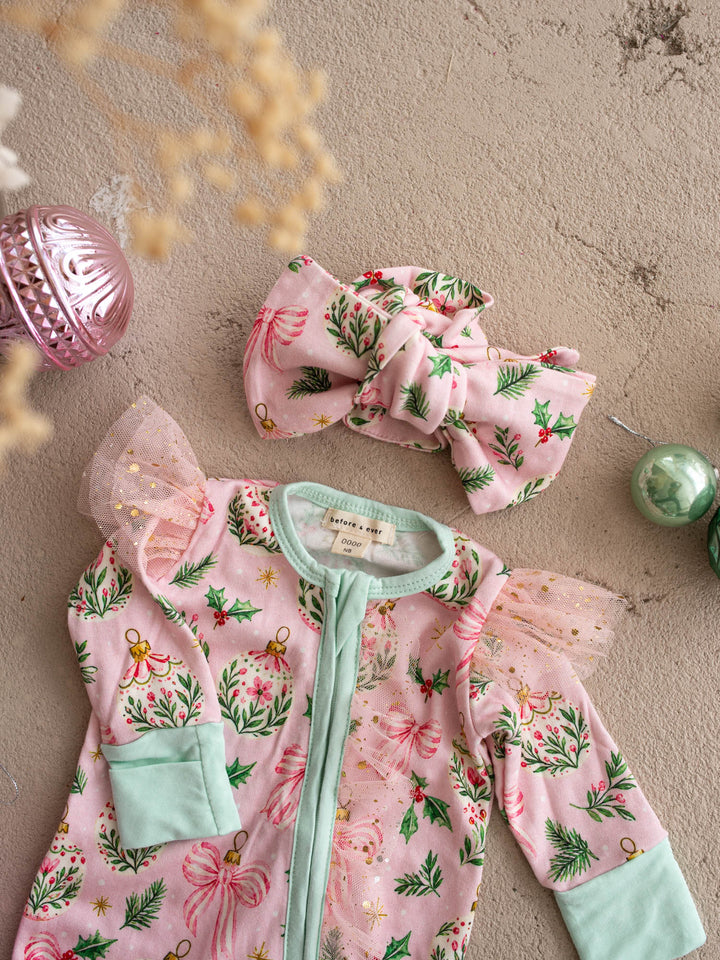 All I Wish Pink Holly baby onesie, holly, gold baubles and bows on pink with mint cuffs - Before & Ever Kids