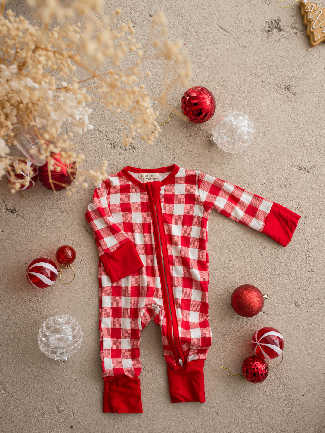 All I Wish red and white gingham baby onesie, long sleeve zip romper with red cuffs - Before & Ever Kids