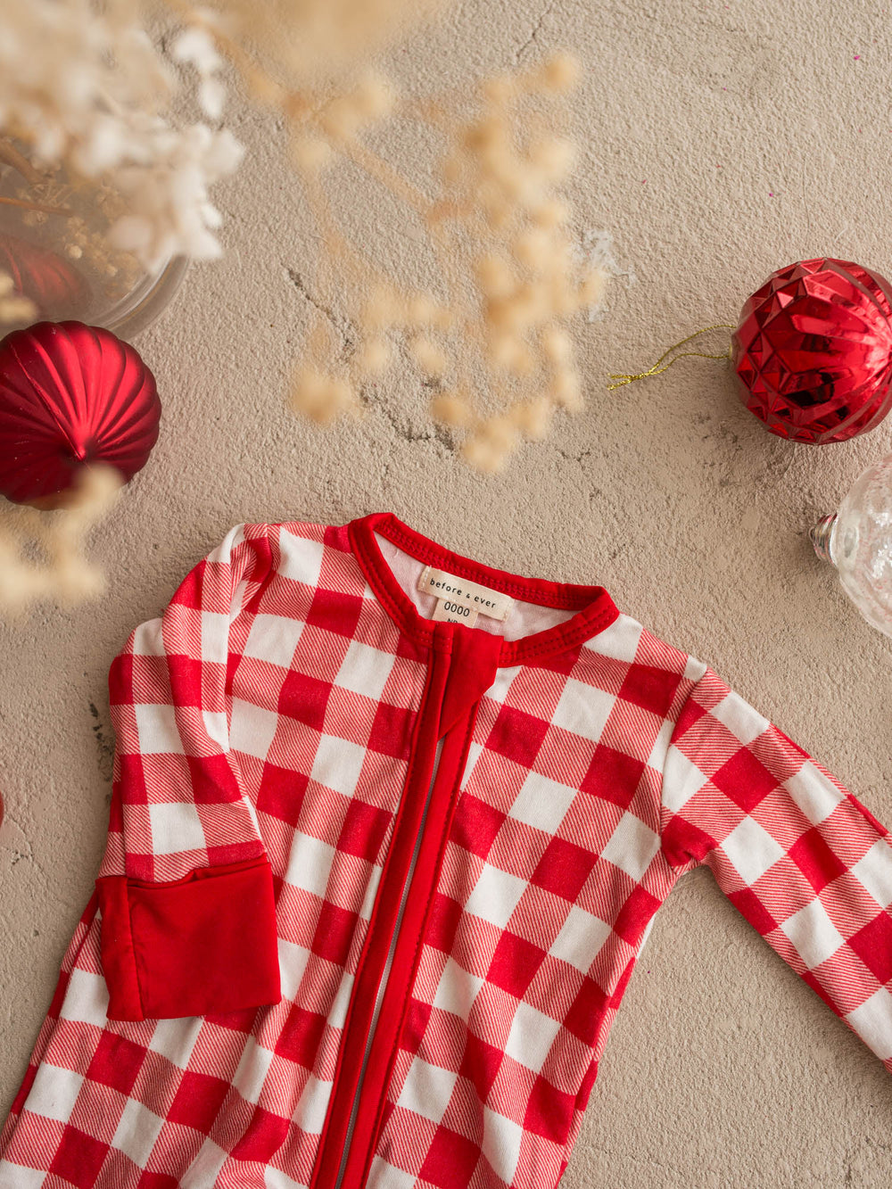 All I Wish red and white gingham baby onesie, long sleeve zip romper with red cuffs - Before & Ever Kids
