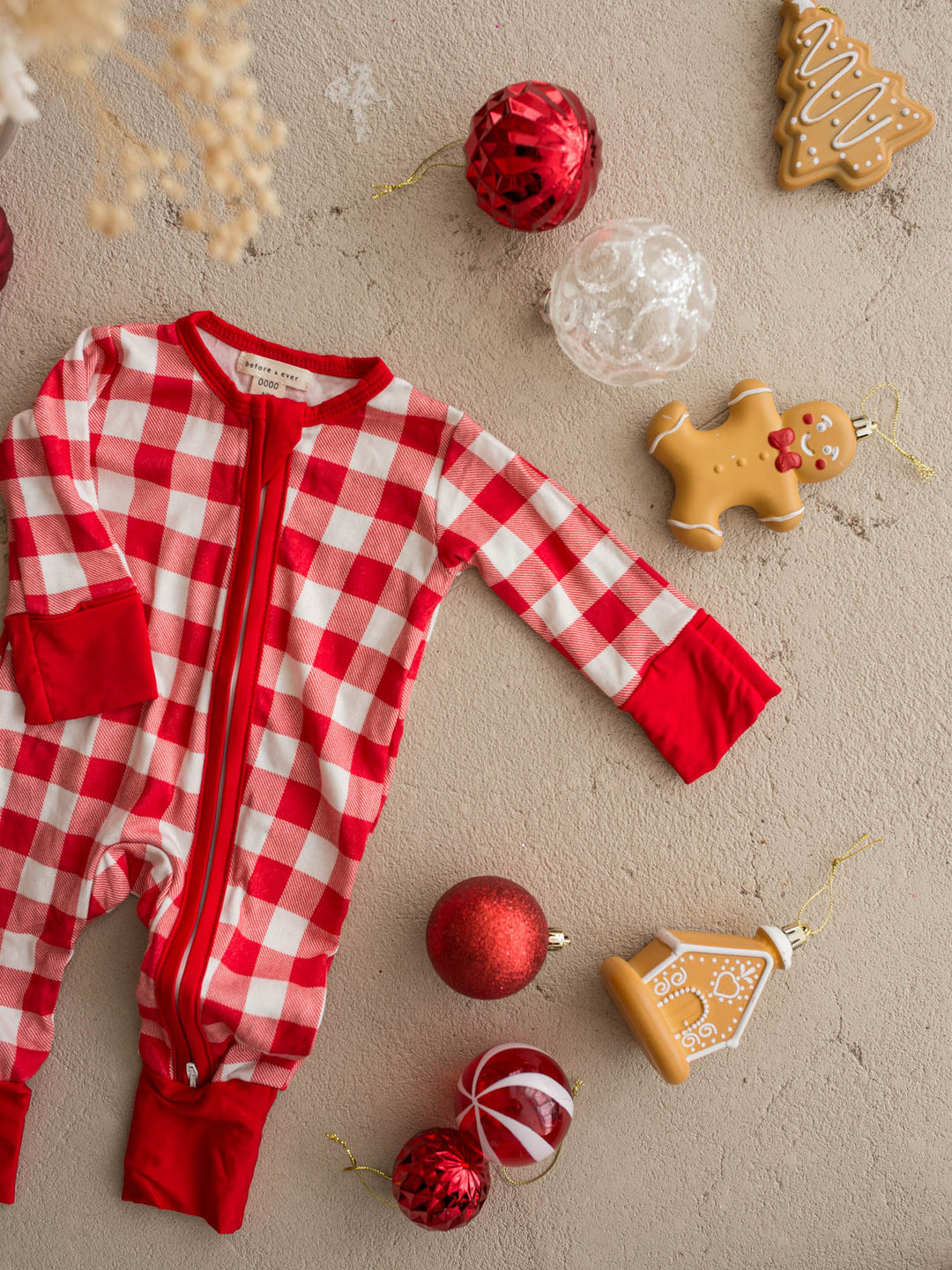 All I Wish red and white gingham baby onesie, long sleeve zip romper with red cuffs - Before & Ever Kids