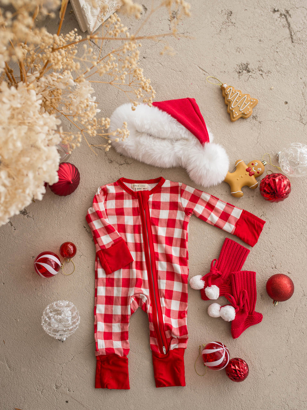 All I Wish red and white gingham baby onesie, long sleeve zip romper with red cuffs - Before & Ever Kids
