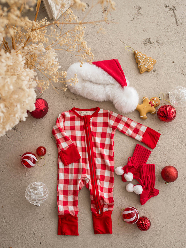 All I Wish red and white gingham baby onesie, long sleeve zip romper with red cuffs - Before & Ever Kids